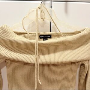 PrettyLittleThing Beige Ribbed Off-Shoulder Fold-Over Sweater